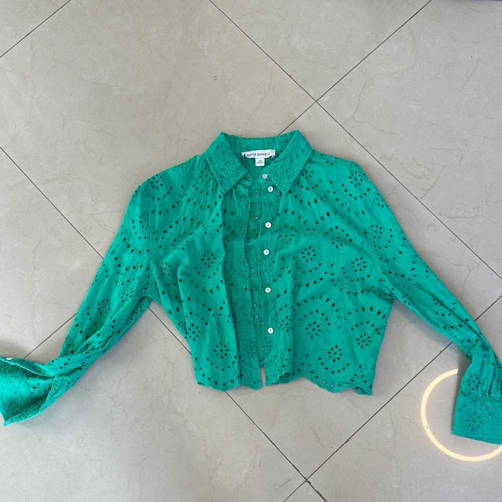 Green Eyelet Button-Down Shirt